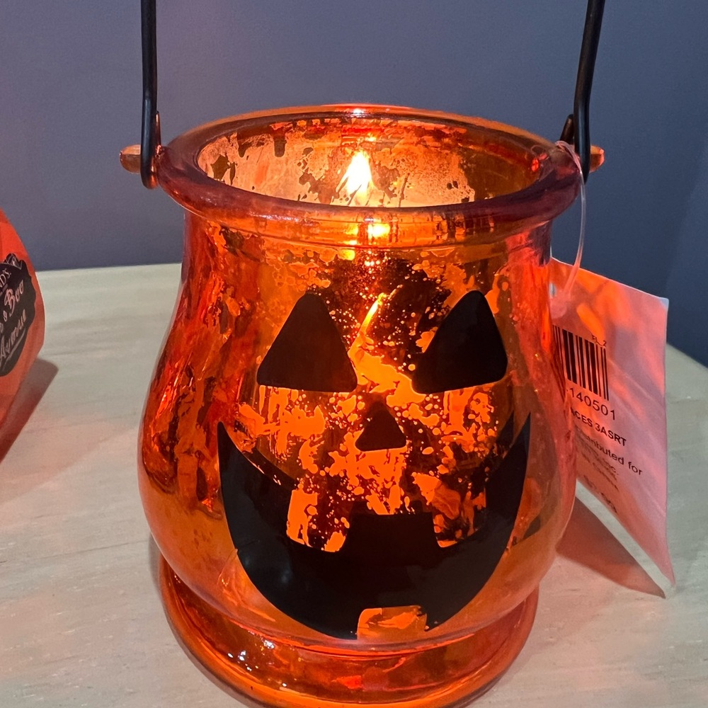 3 Orange Pumpkin Glass Jack-O-Lantern Halloween Lanterns are NWT